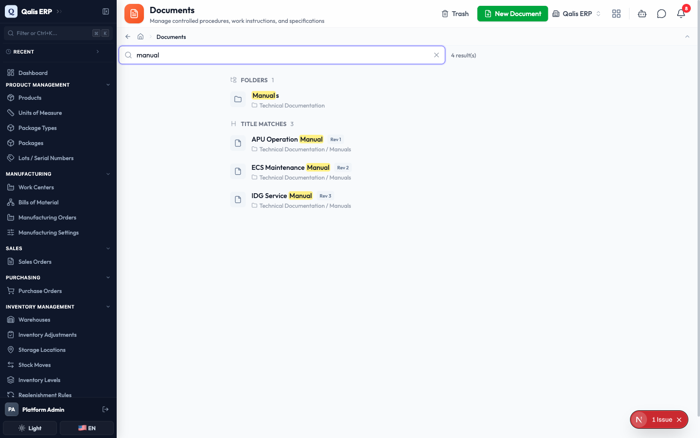 Search results grouped into folders and title matches, with the term highlighted