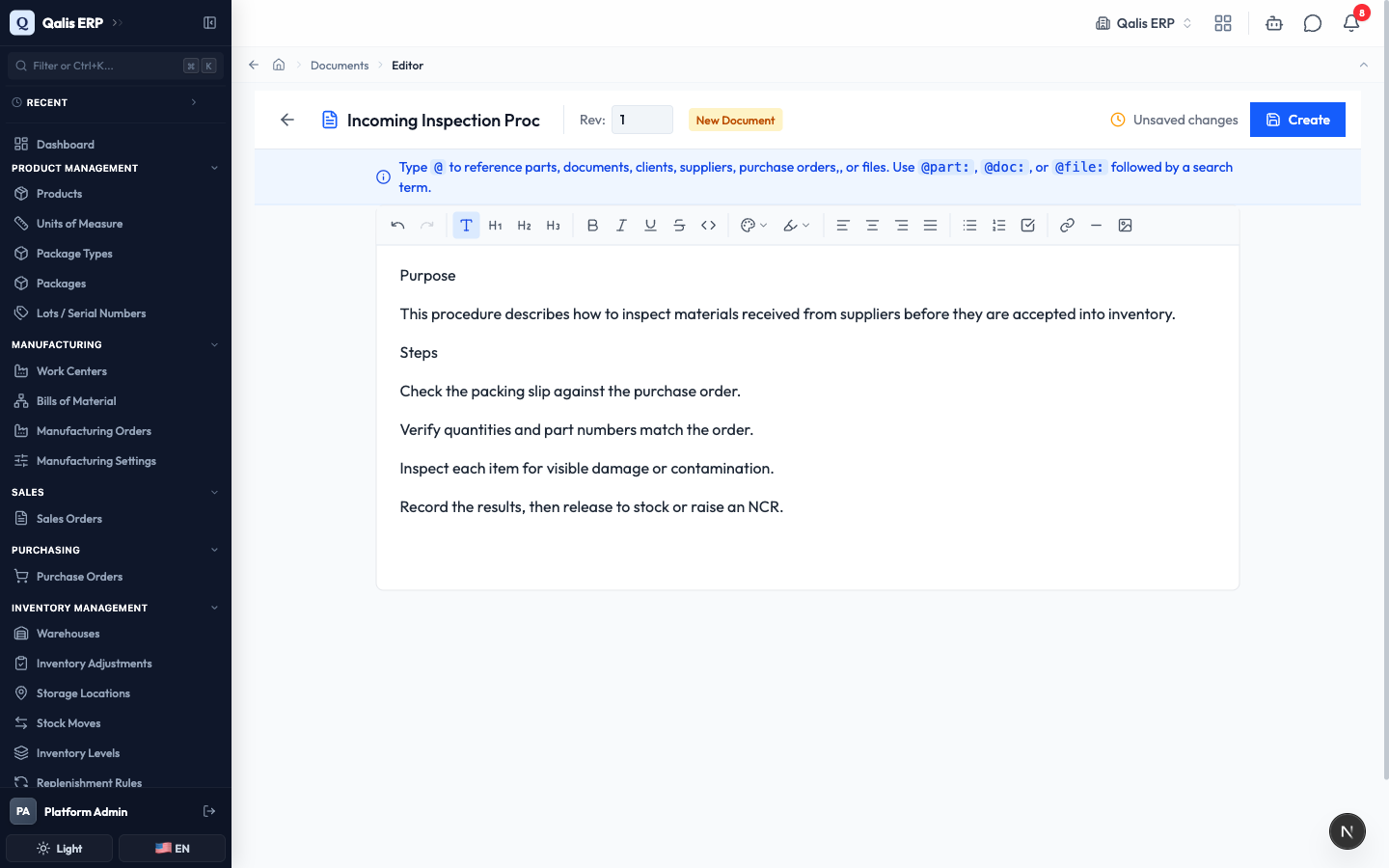 The document editor with a title, a revision, and the document body