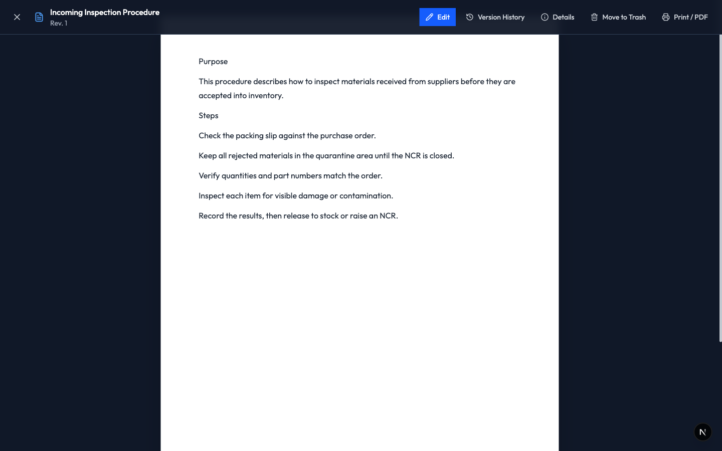 An open document with the action bar across the top