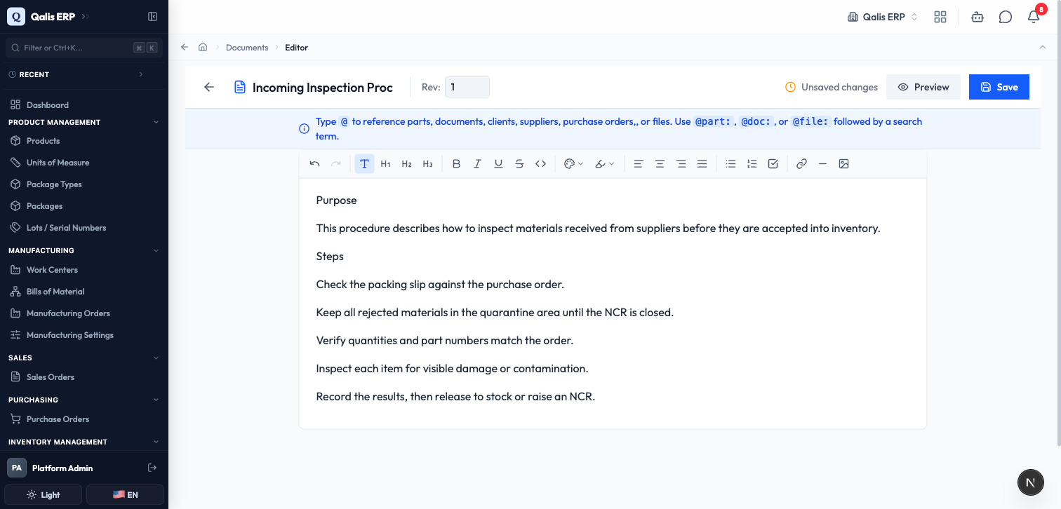 Editing an existing document, with the Save and Preview buttons