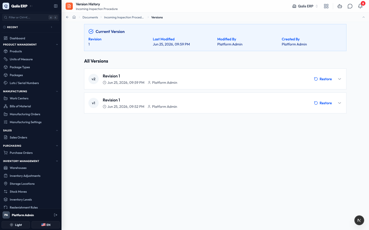 The version history of a document, listing each saved version
