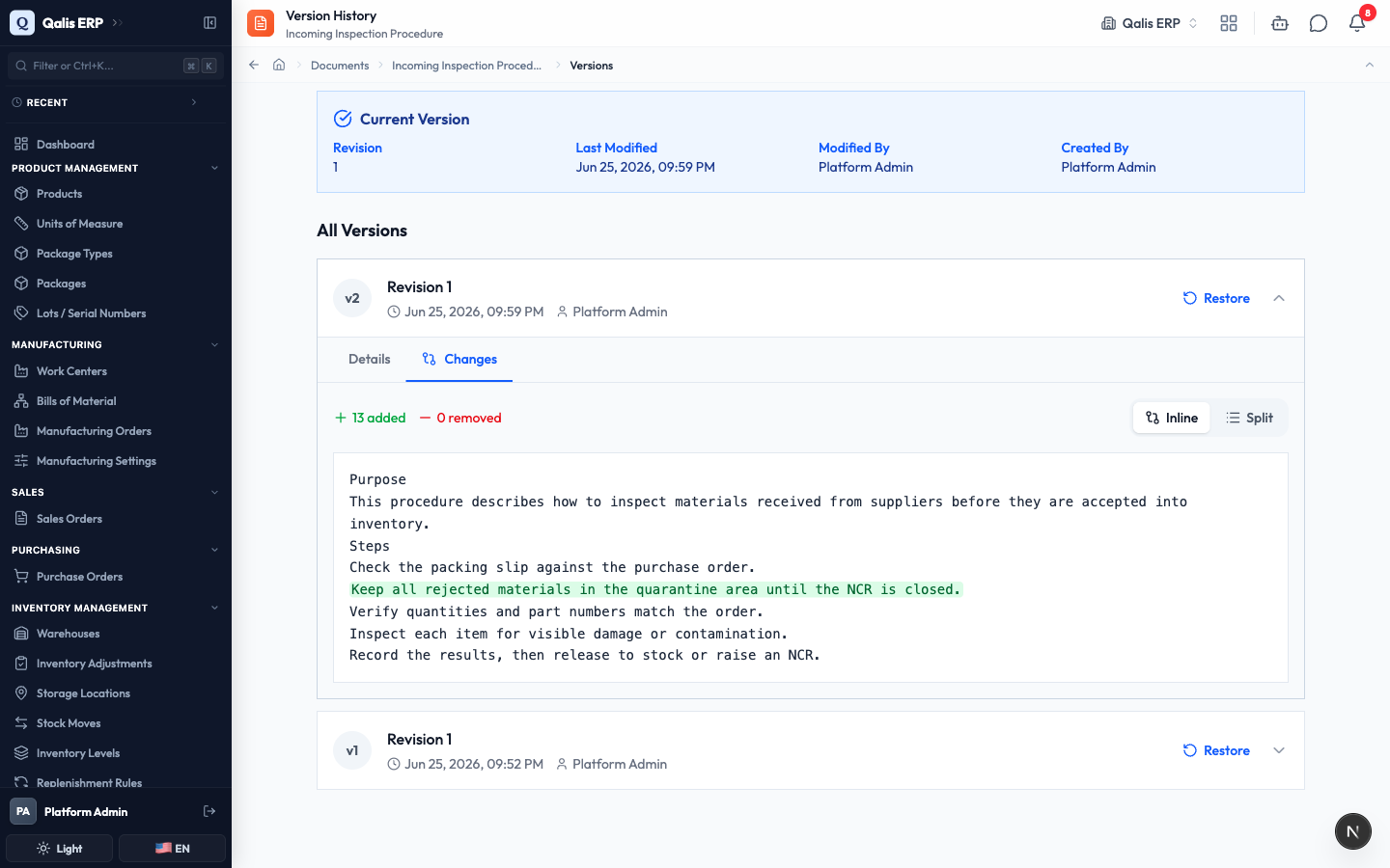 The changes view, highlighting added text in green