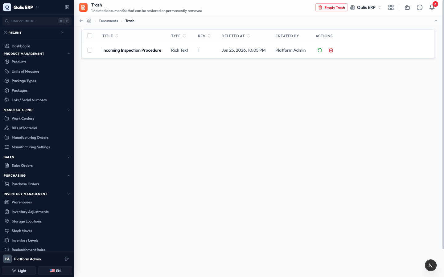 The Trash, listing a deleted document with restore and delete options