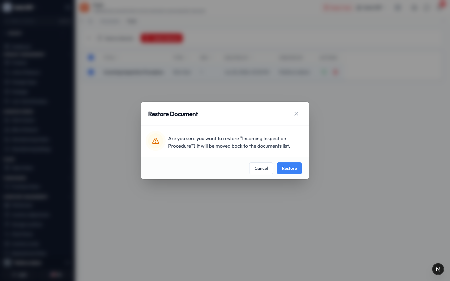 The restore confirmation for a deleted document