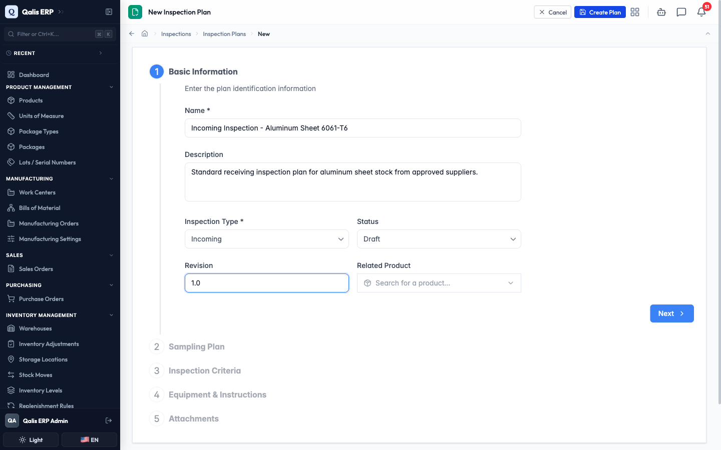 The first step of the inspection plan wizard with a name, type, and revision