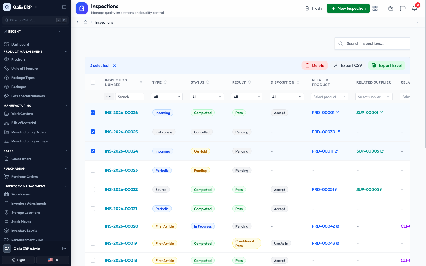 Three inspections selected, with the Export CSV and Export Excel buttons in the selection bar