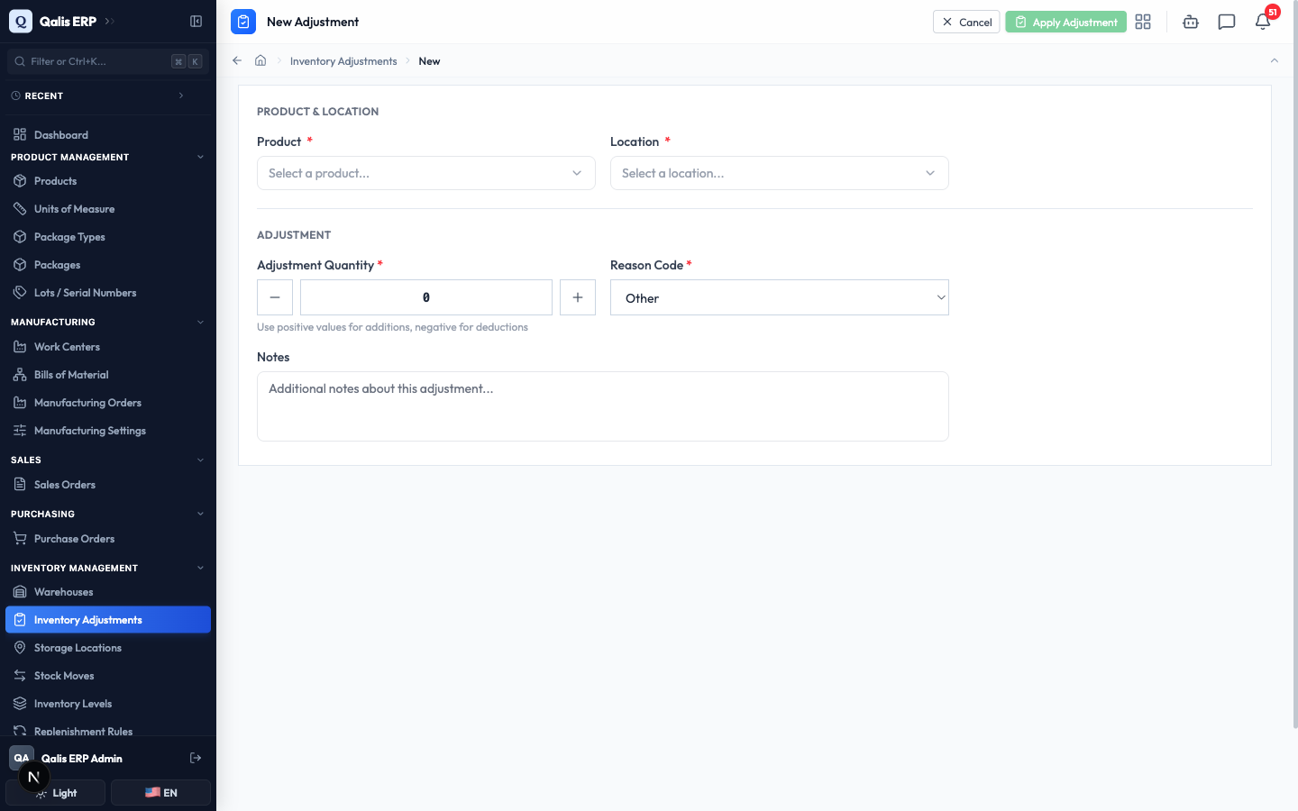 The blank New Adjustment form with Product, Location, Adjustment Quantity, Reason Code and Notes