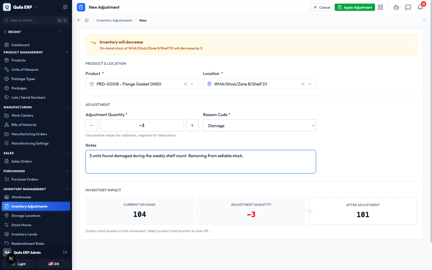 The filled adjustment form with a product, location, a quantity of -3, the Damage reason, notes, and the before-and-after impact preview