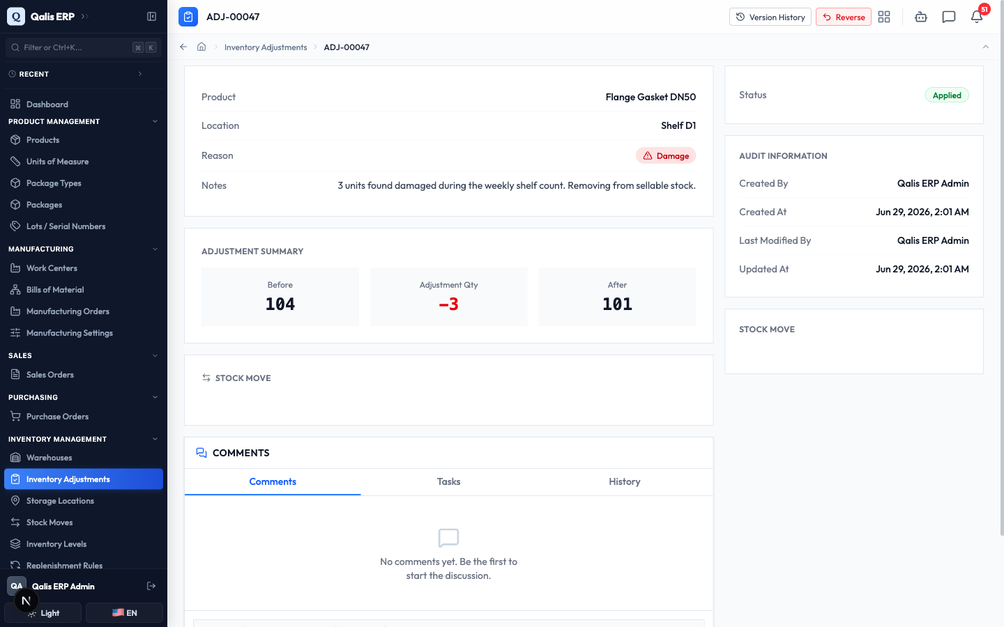 The new adjustment's detail page, showing the Applied status, the before-and-after summary, and the audit information