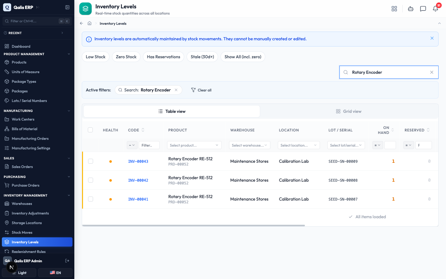 Searching for a product narrows the list and shows the active filter as a chip