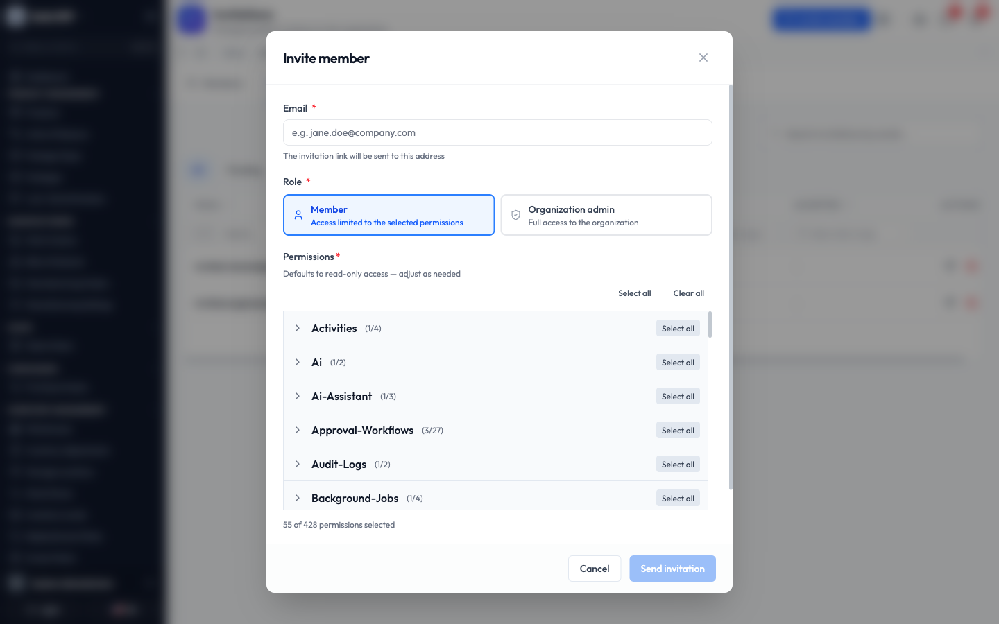 The Invite member form with email, role, and permissions