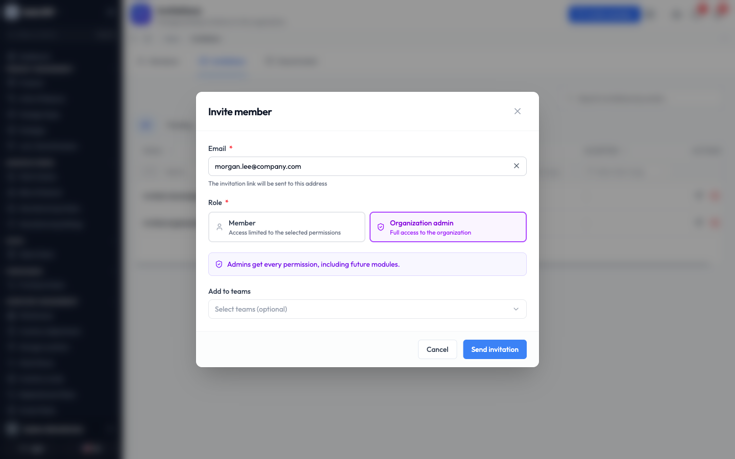 Choosing Organization admin and optionally adding the person to teams