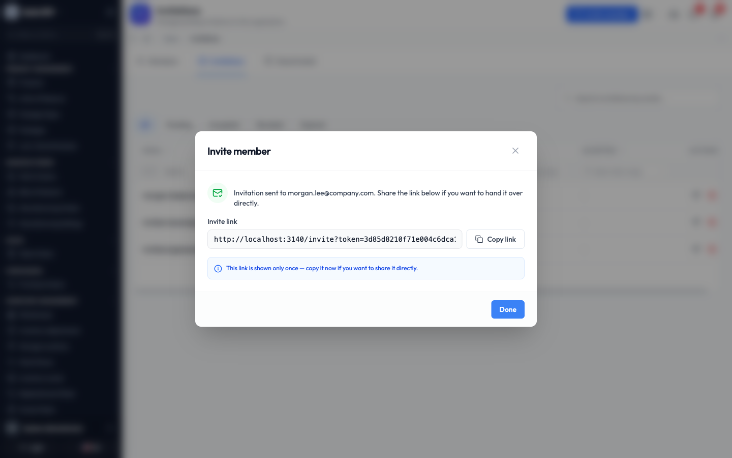 The one-time invite link shown after sending