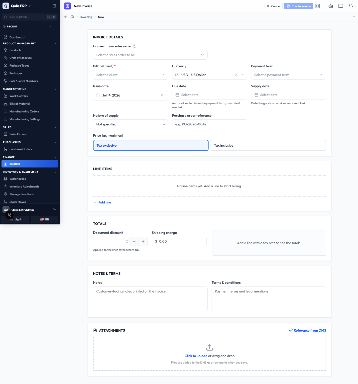 The invoice create form with the Invoice Details, Line Items, Totals and Notes sections