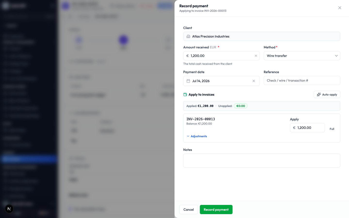 The Record payment panel showing the amount, payment method, and the apply-to-invoices grid
