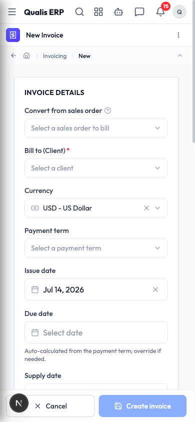 The invoice create form on a phone, with the Save and Cancel buttons pinned to the bottom
