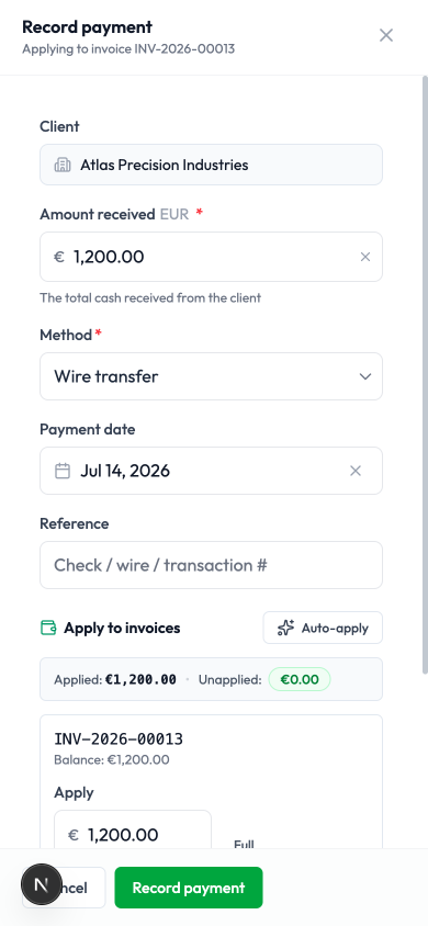 The Record payment sheet sliding up from the bottom of a phone screen