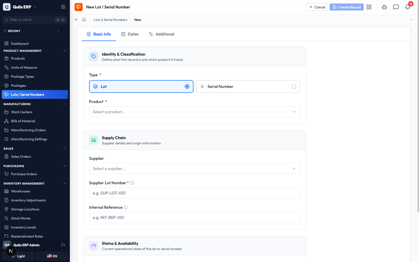 The new record form with Type set to Lot and the product dropdown showing a match for Stainless