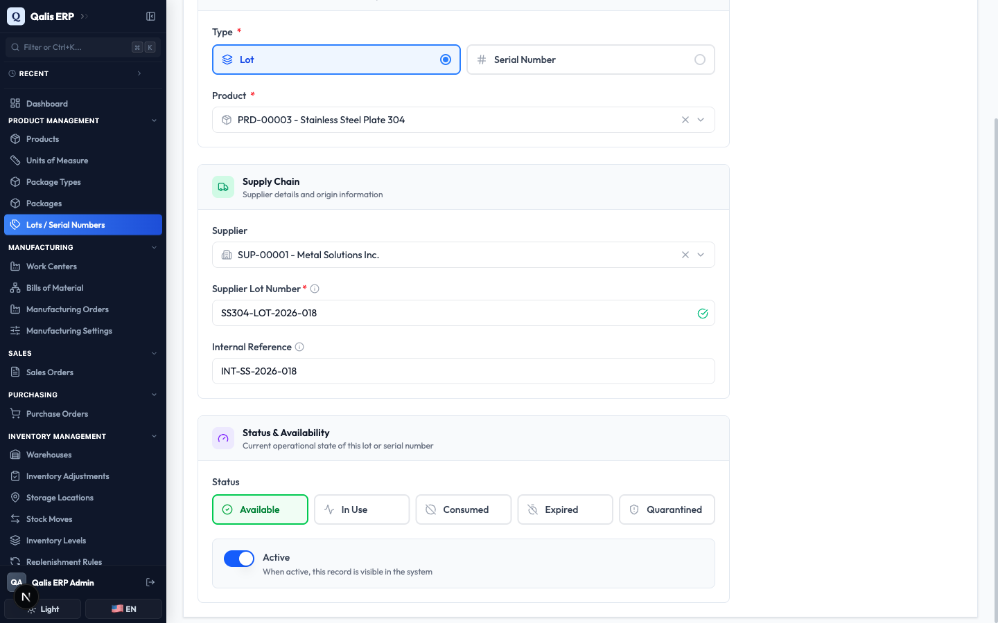The Status and Availability section with Available selected and the Active toggle on