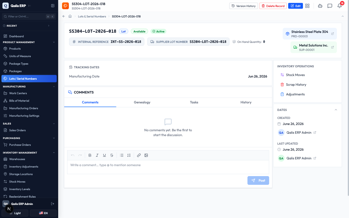 The detail page for a newly created lot, with its badges, product and supplier links, and date panels