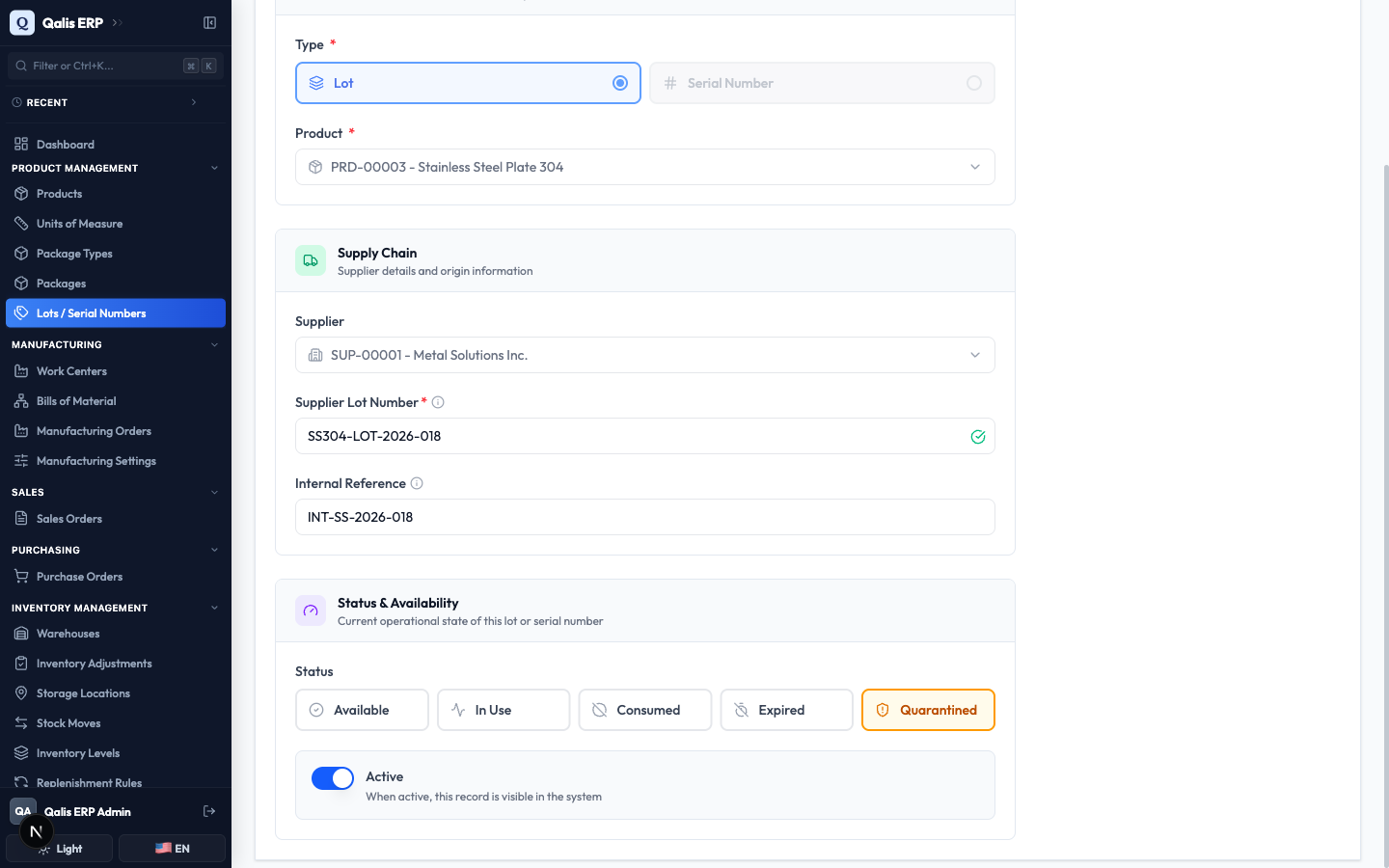 The Status buttons in the edit form with Quarantined selected
