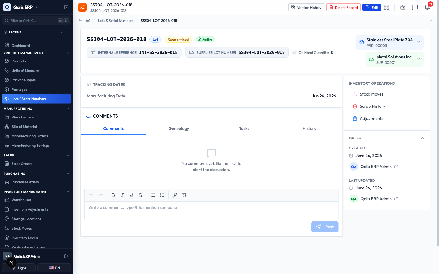 The detail page after saving, with the status badge updated to Quarantined
