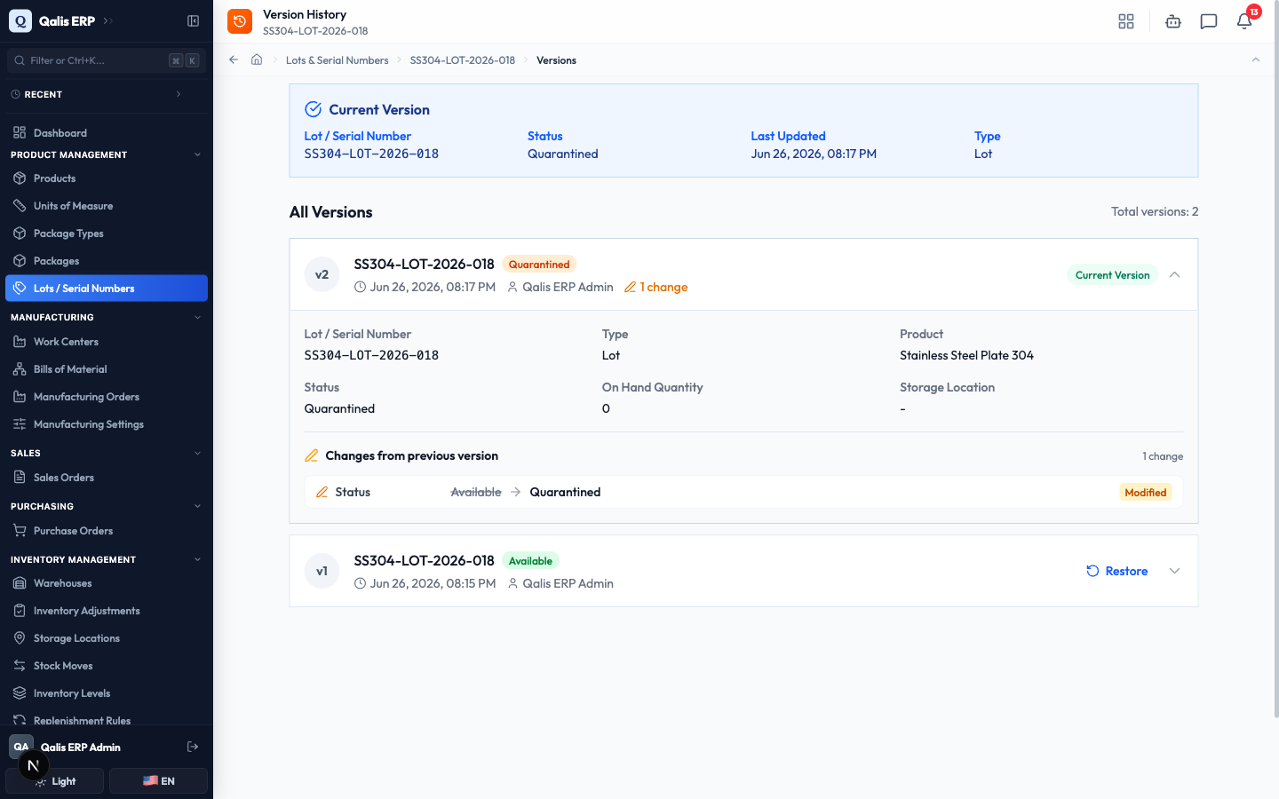 The expanded version showing the status change from Available to Quarantined