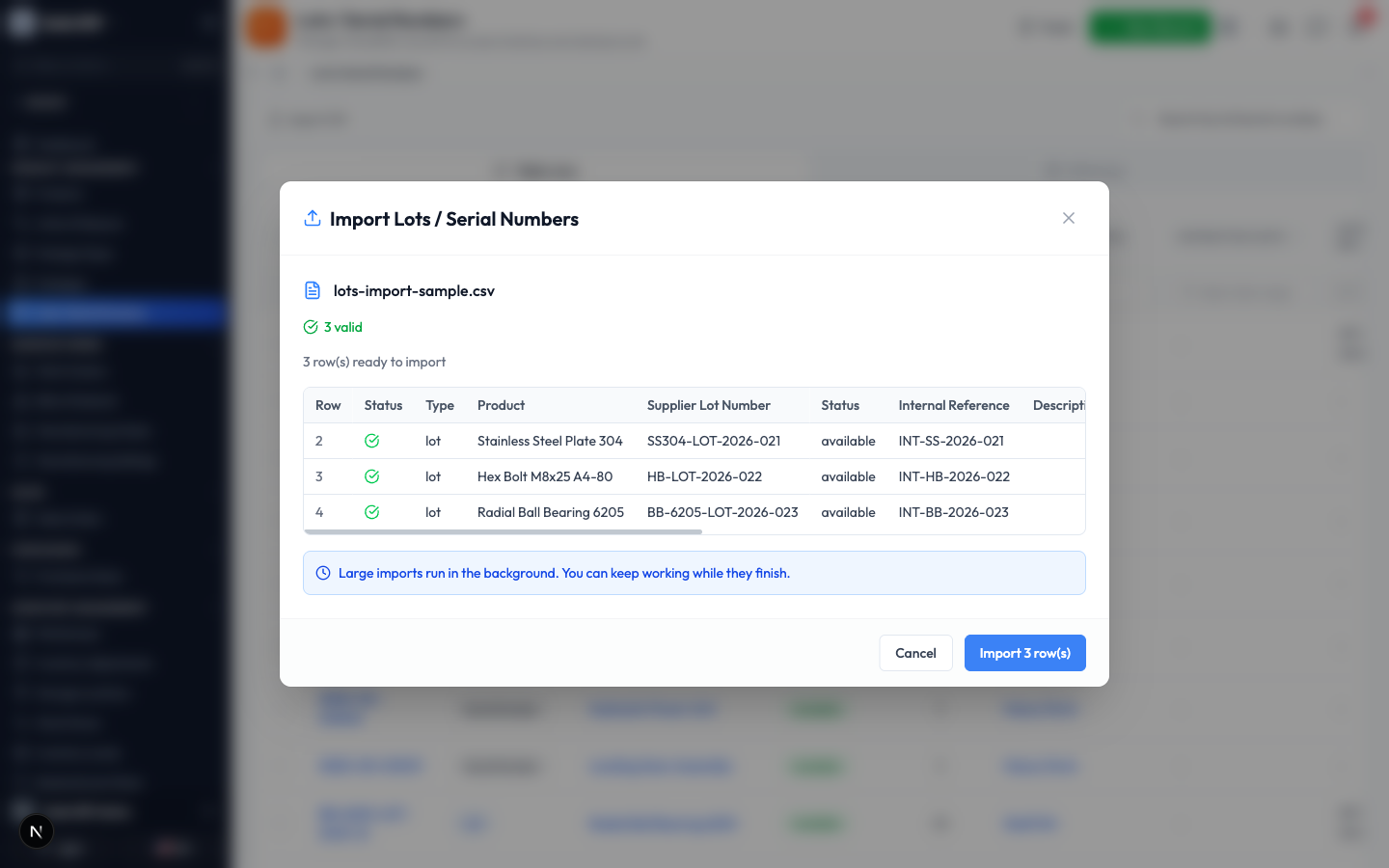The import preview showing three valid rows ready to import