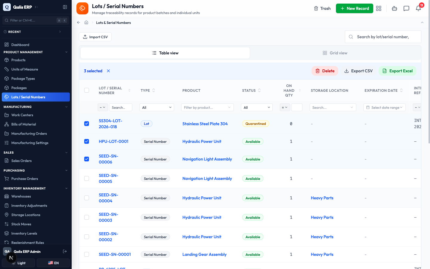 Three records selected, with the Export CSV and Export Excel buttons in the selection bar