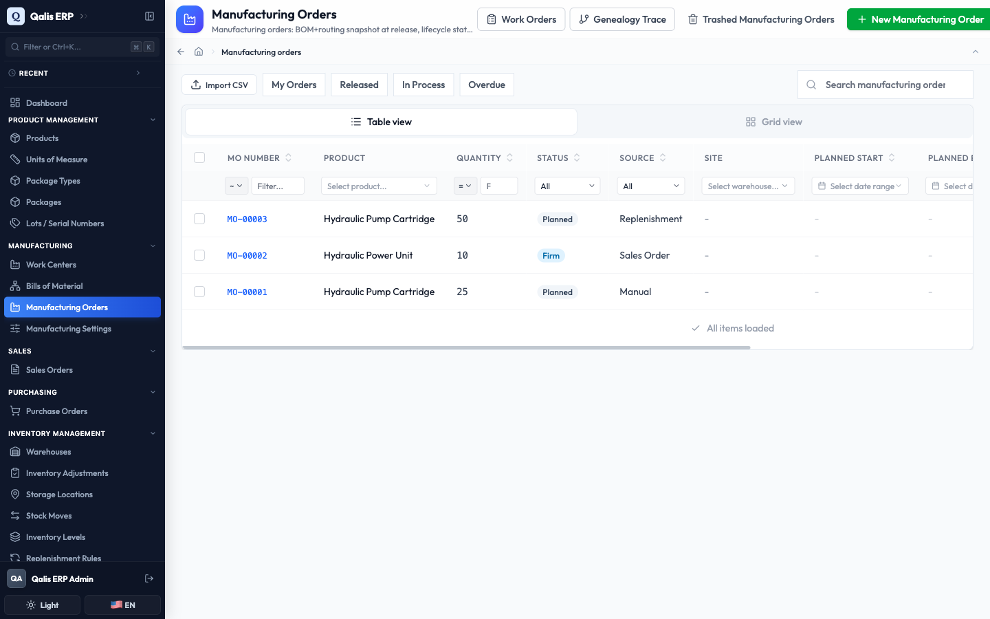 The Manufacturing Orders list with three orders, the top bar actions and the quick filters