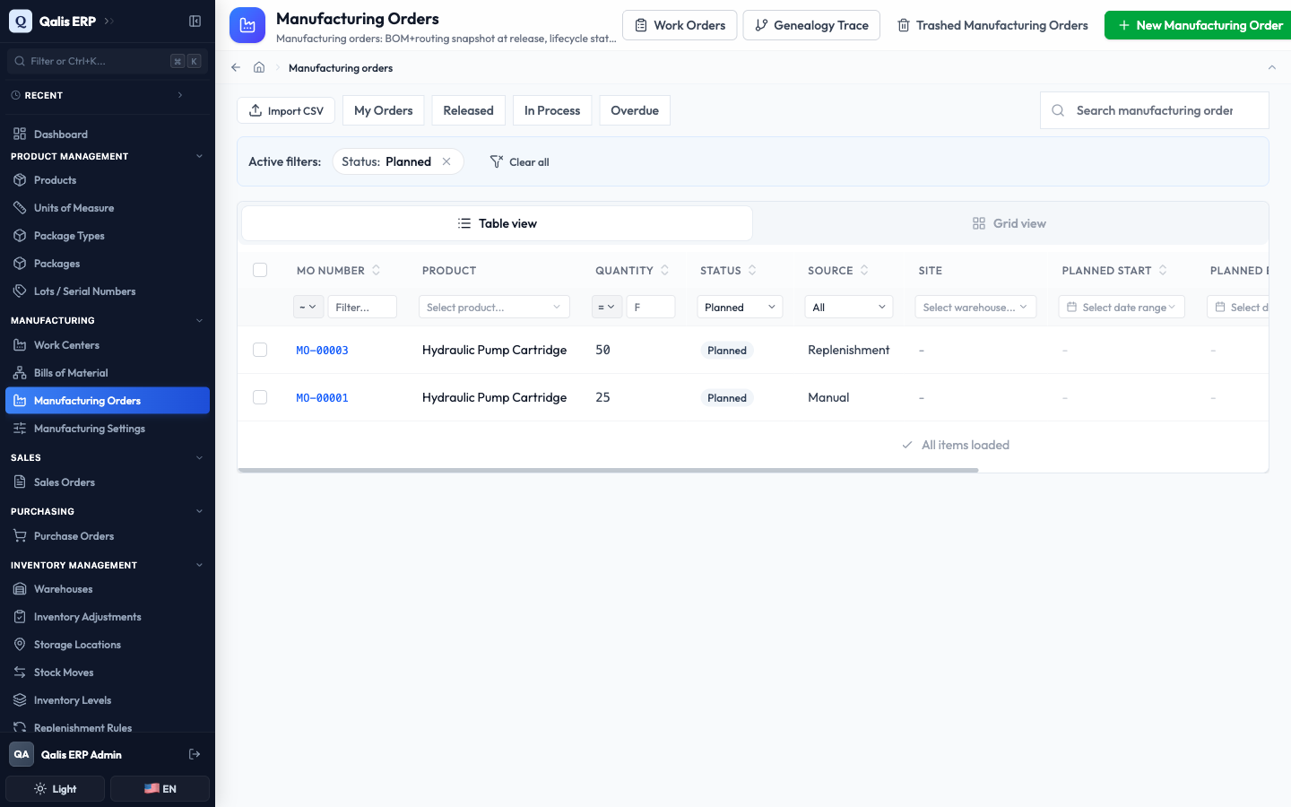 The Status column filtered to Planned, showing the two planned orders and an Active filters banner