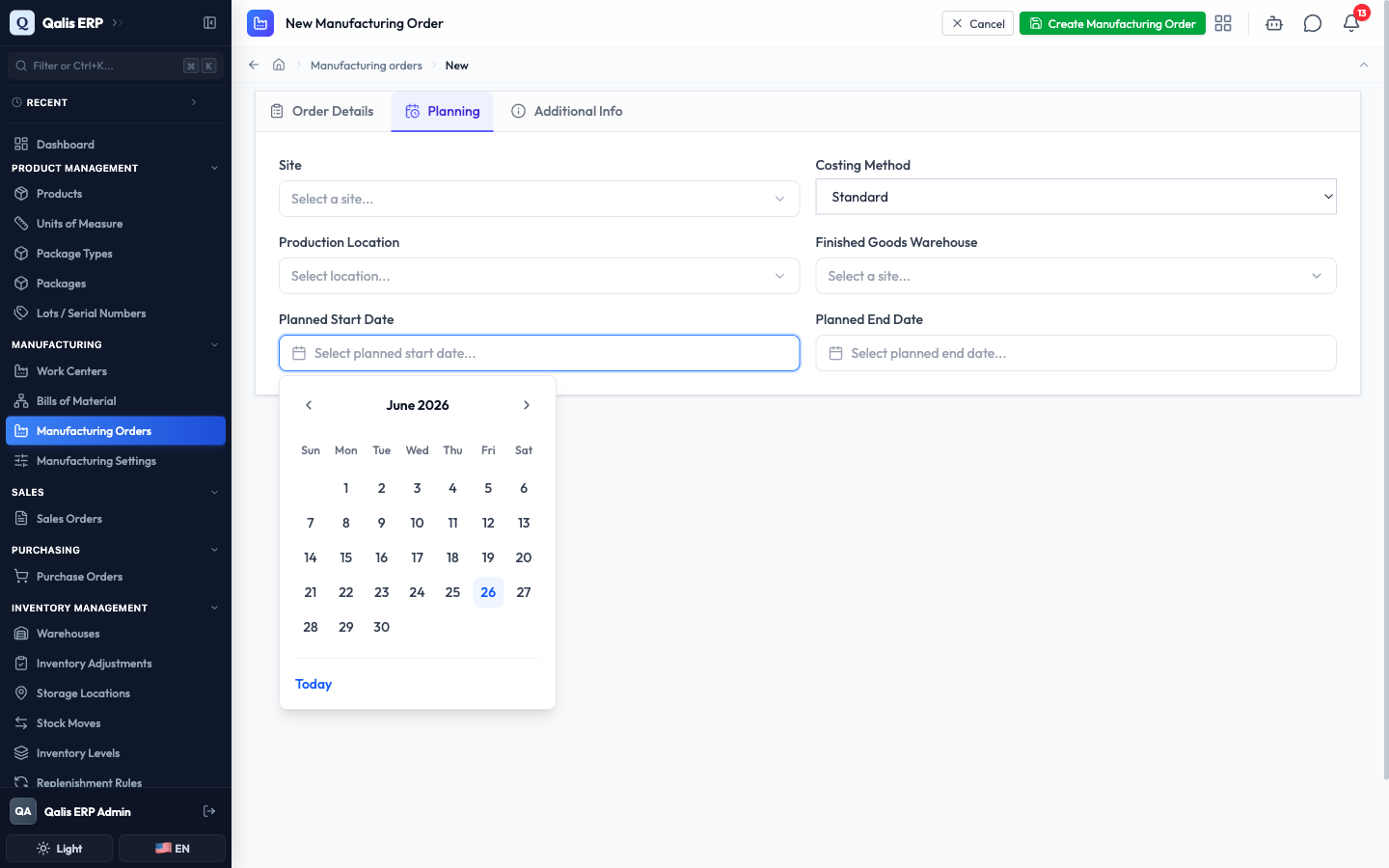 The Planning tab showing the site, costing method, locations and the calendar open on the planned start date