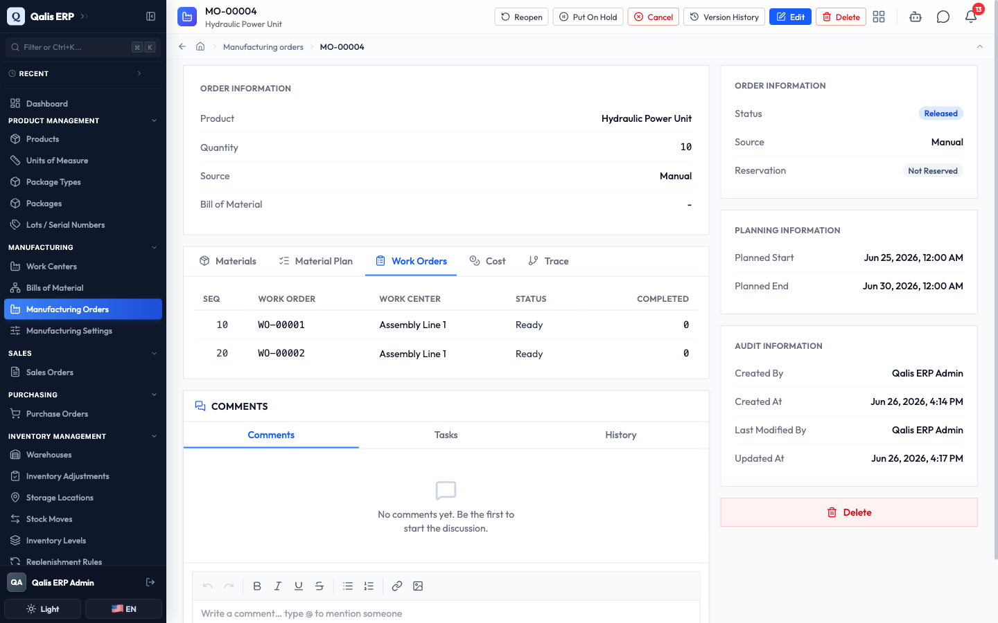 The Work Orders tab listing the two generated work orders, both Ready at Assembly Line 1