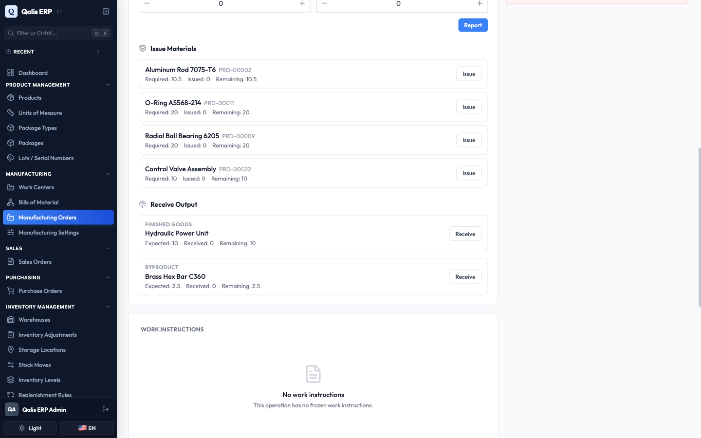 The Issue Materials and Receive Output sections of the execution panel, with Issue and Receive buttons per line