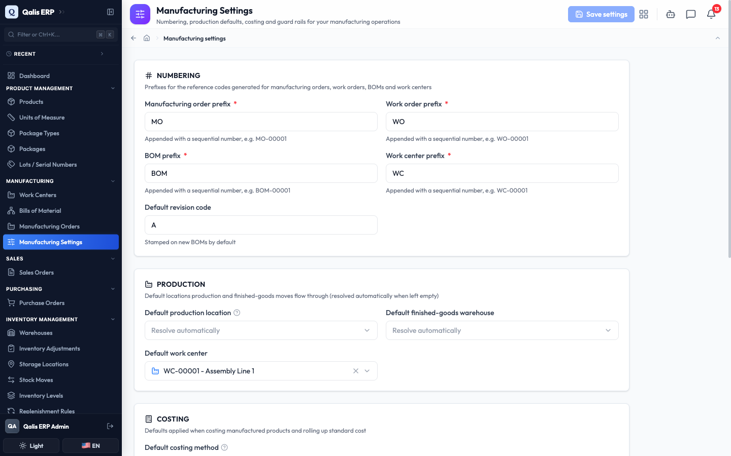 The Manufacturing Settings page open, with the sidebar item highlighted and the Numbering and Production areas showing