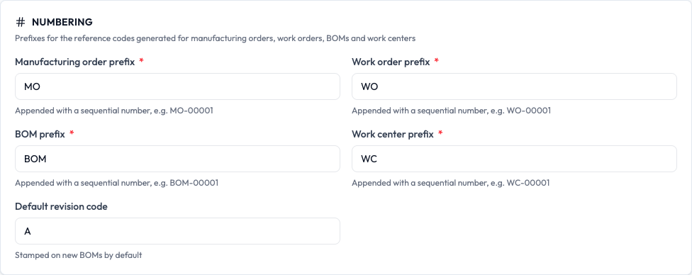 The Numbering area with prefixes for manufacturing orders, work orders, BOMs and work centers, plus a default revision code