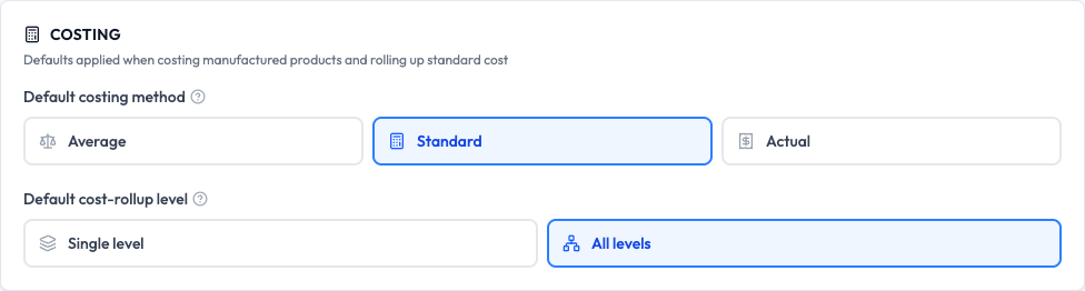 The Costing area with Standard selected as the costing method and All levels selected as the rollup level