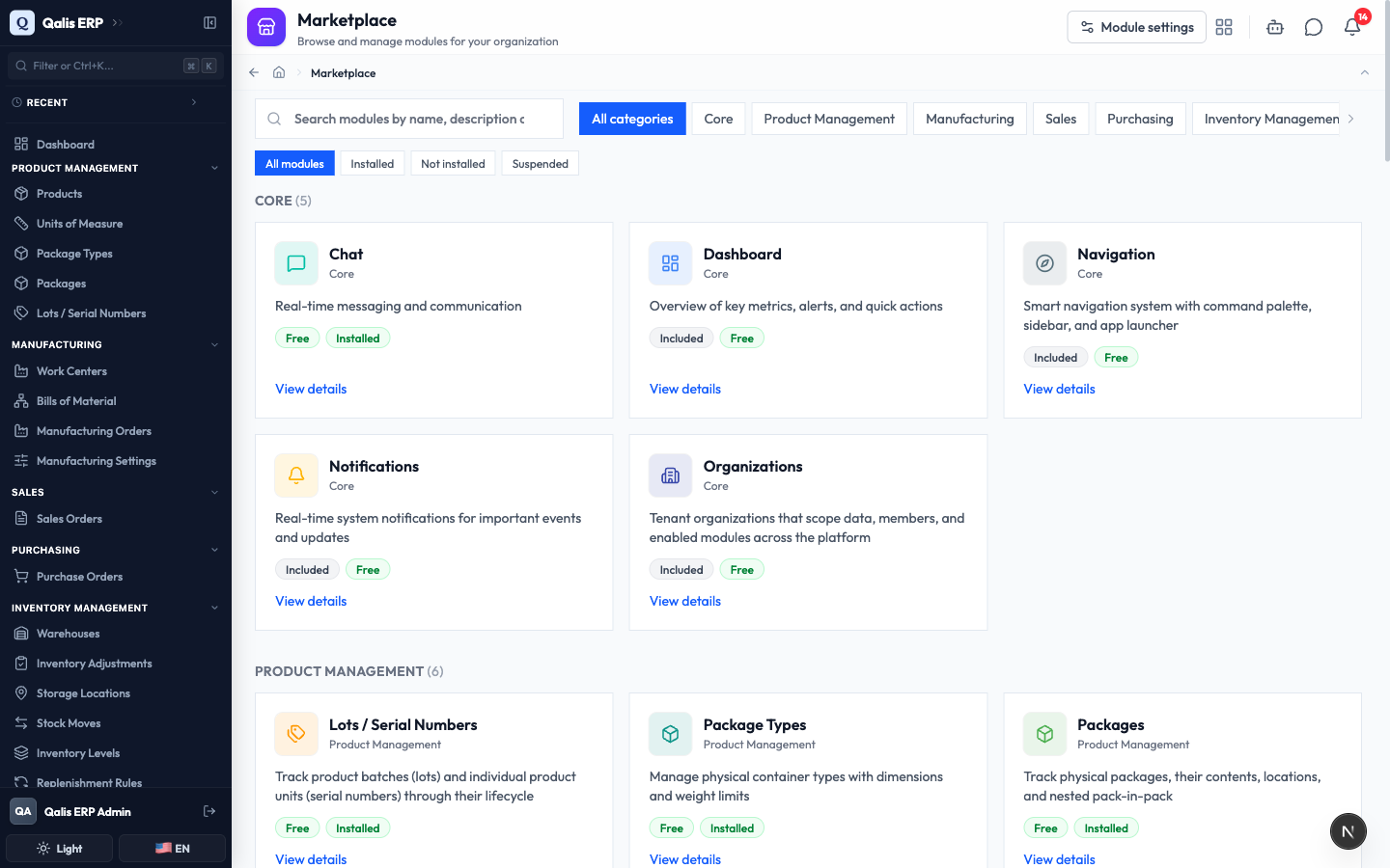 The Marketplace list, with modules grouped by area and labeled Installed or Free