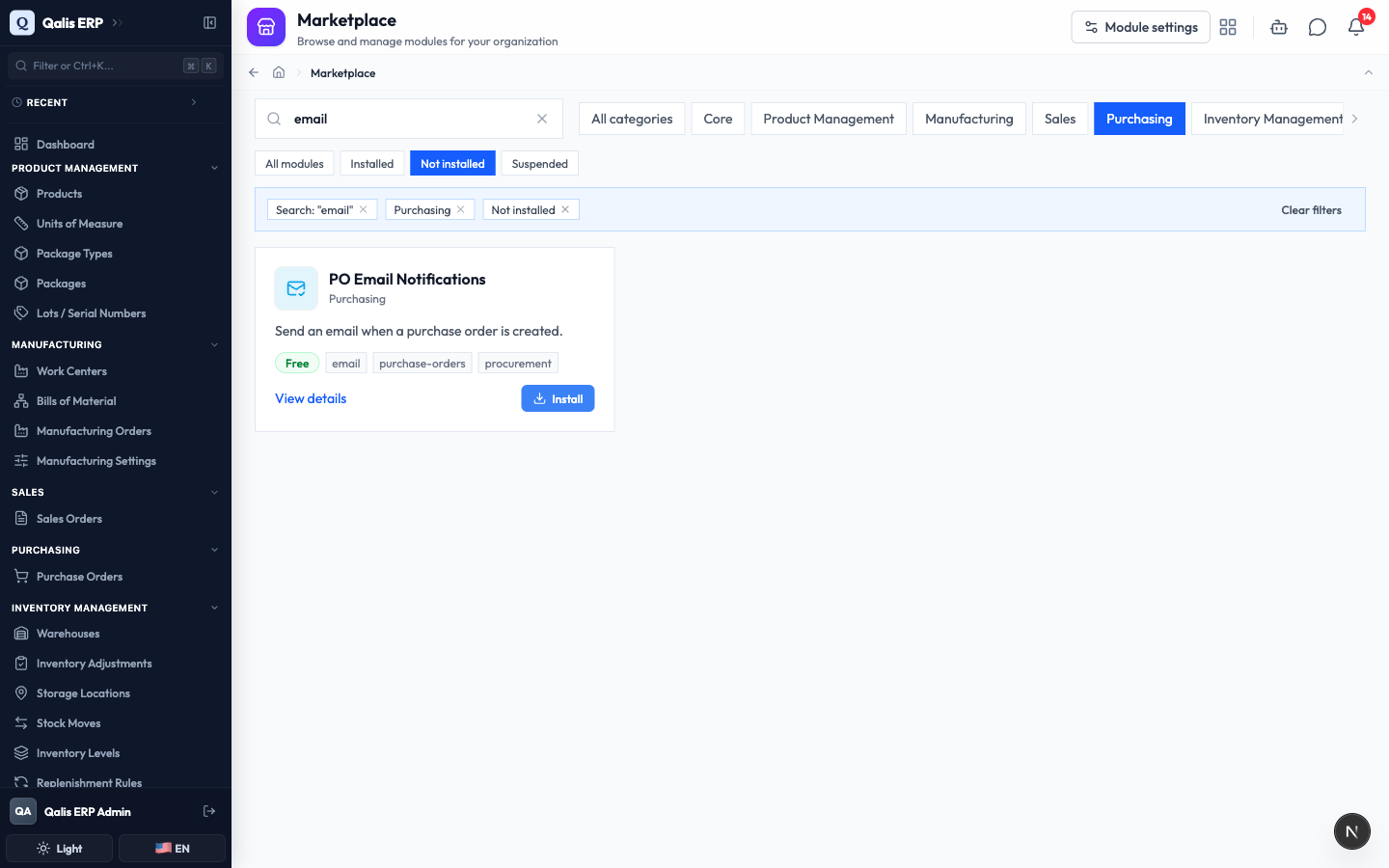 The Marketplace filtered by search, category, and state, with the applied filters shown as chips