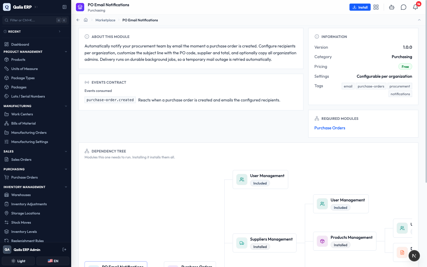 The PO Email Notifications detail page, showing its description, information, and required modules