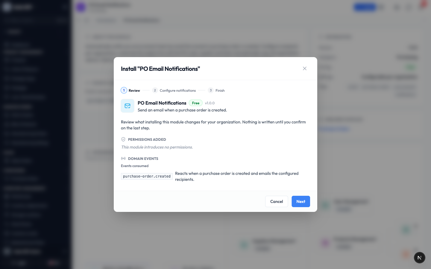 The Review step of the install window, summarizing what the module adds