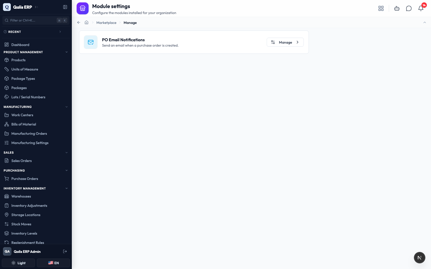 The module settings hub, listing modules that can be configured