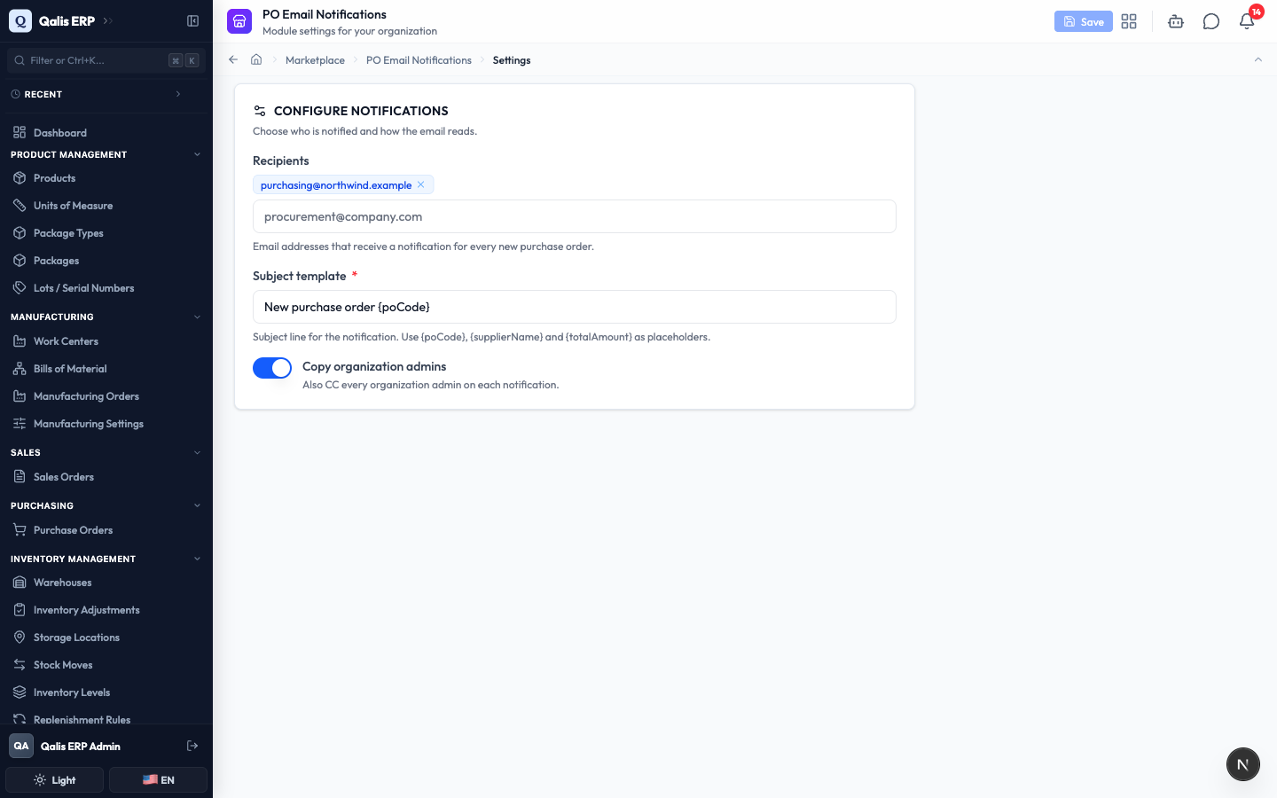 The PO Email Notifications settings page, with the recipient and subject filled in