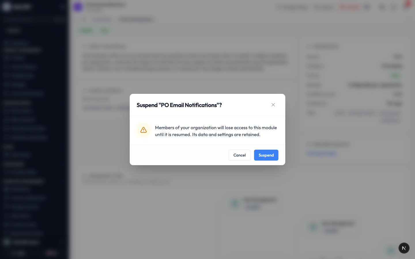 The suspend confirmation dialog