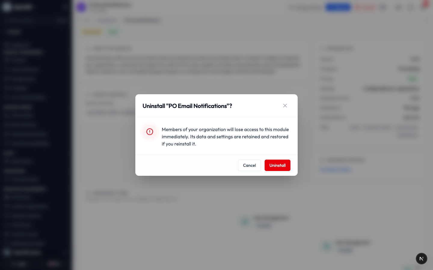 The uninstall confirmation dialog