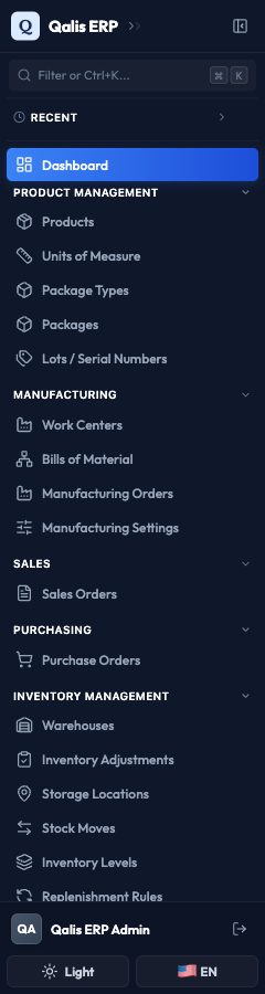 The sidebar with its groups, the Dashboard pinned at the top, and the current page highlighted