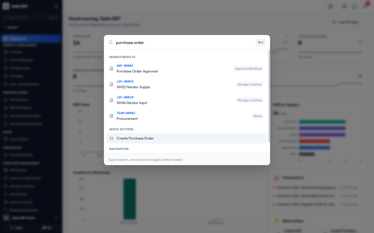 Typing "purchase order" shows matching records, a create action, and the page to open