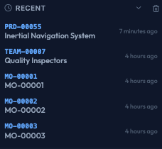 The Recent list showing recently opened records with how long ago each was visited
