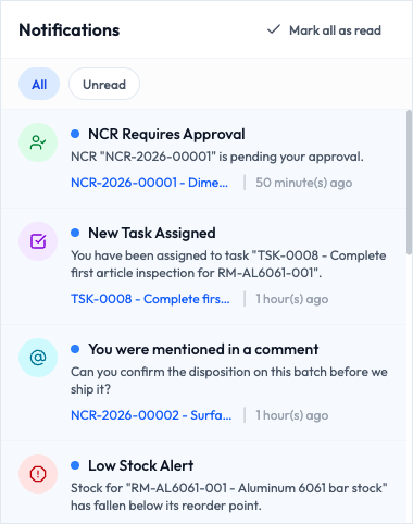 The open notifications panel listing several notifications of different kinds