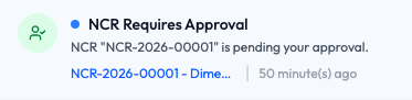A single notification showing its icon, title, summary, related record, and time